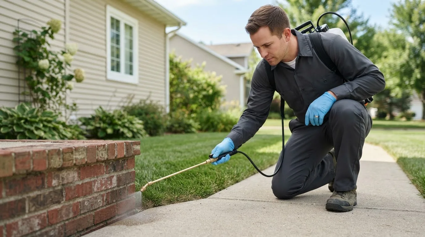 Pest control technician treating a home near Askov, MN