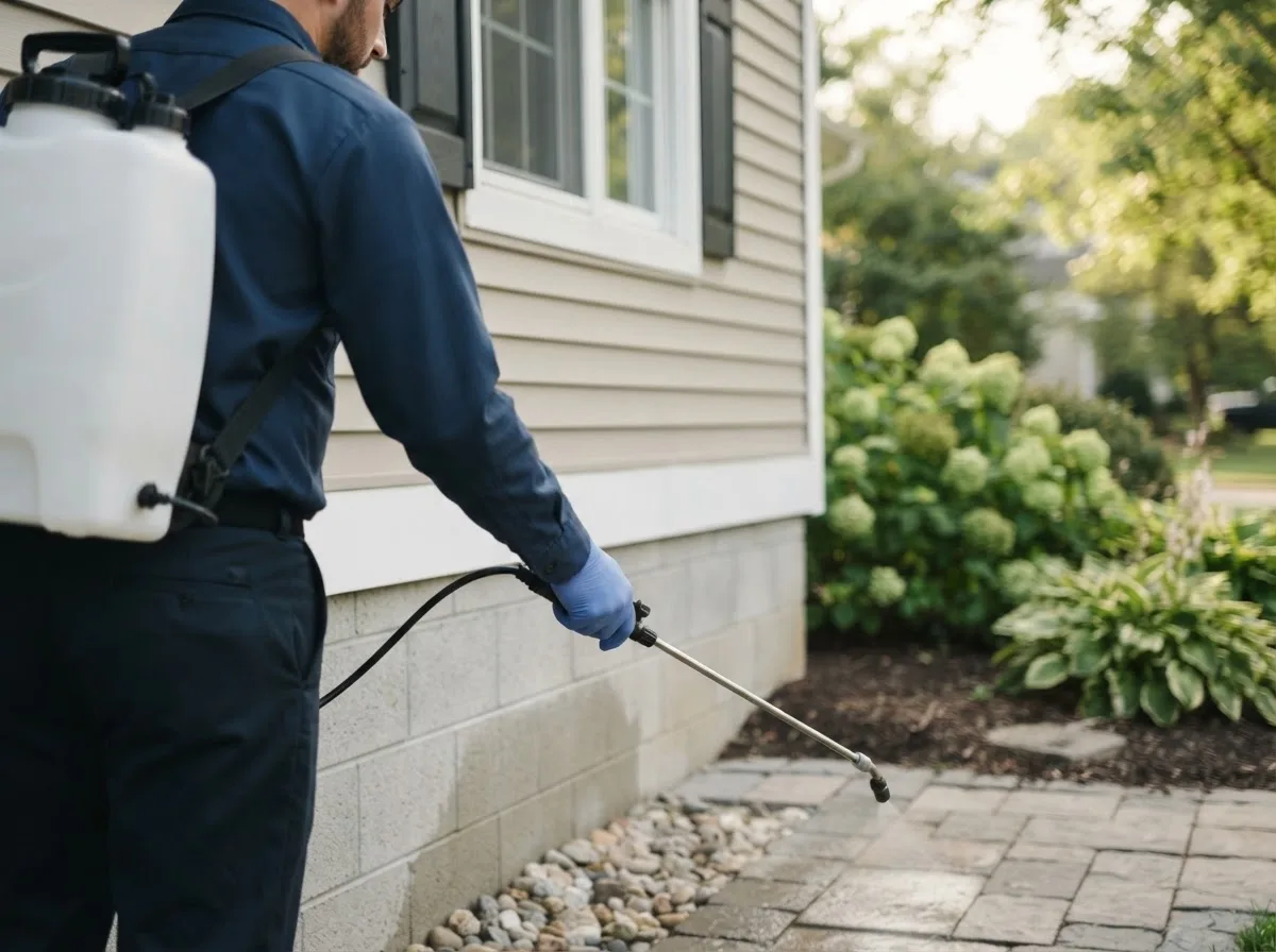 Pest control technician inspecting a home in Askov, MN